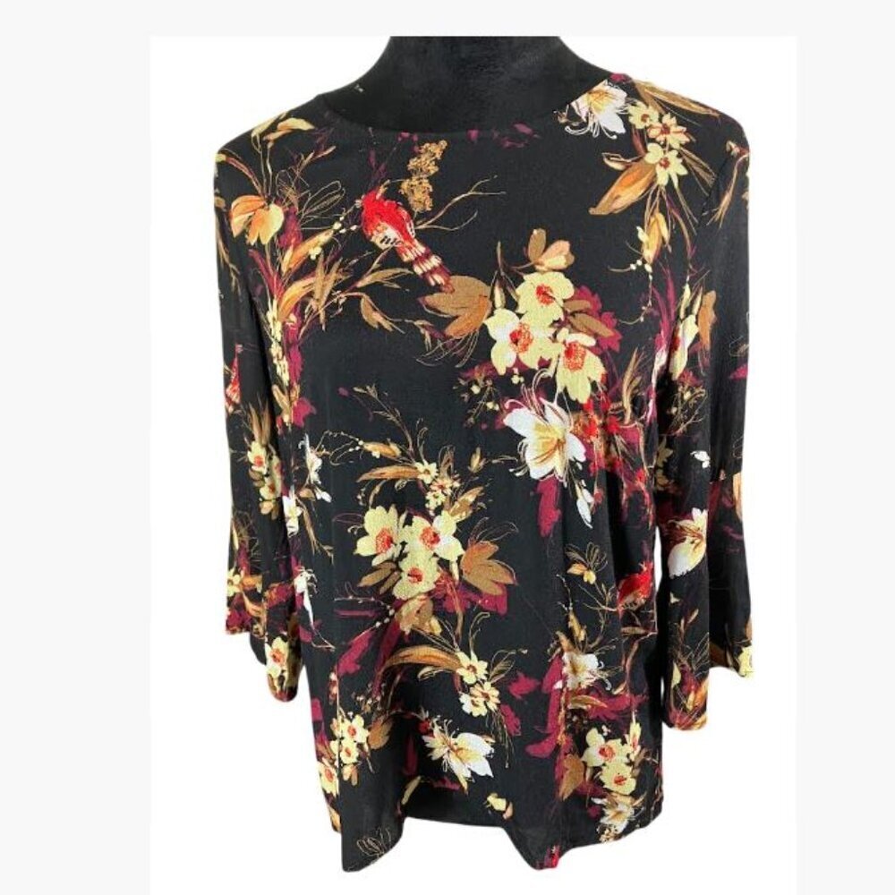 J Jill Multicolor Floral and Bird Motif Casual to Dressy Blouse  Size XS  EUC